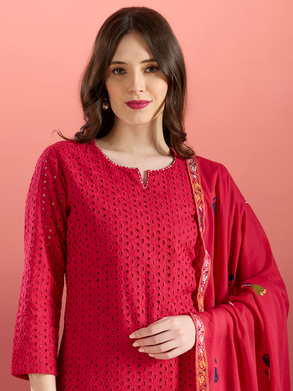 Solid Schiffli Floral Embroidered Straight Kurta with Pant & Dupatta - Rani