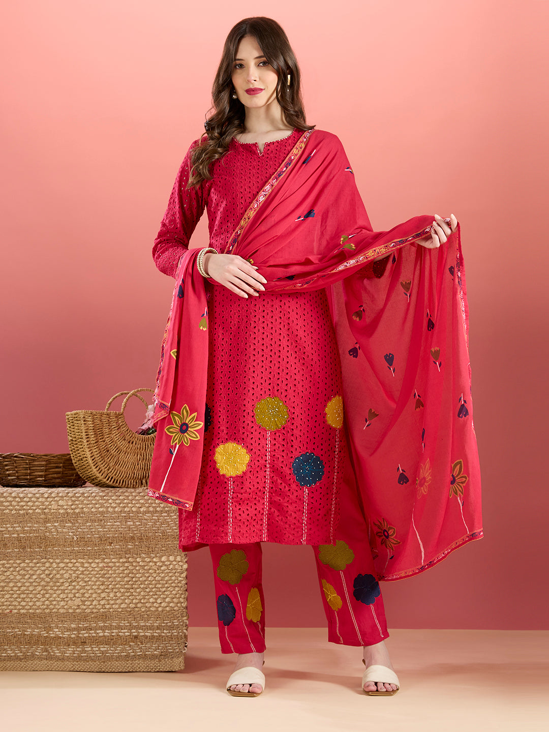 Solid Schiffli Floral Embroidered Straight Kurta with Pant & Dupatta - Rani