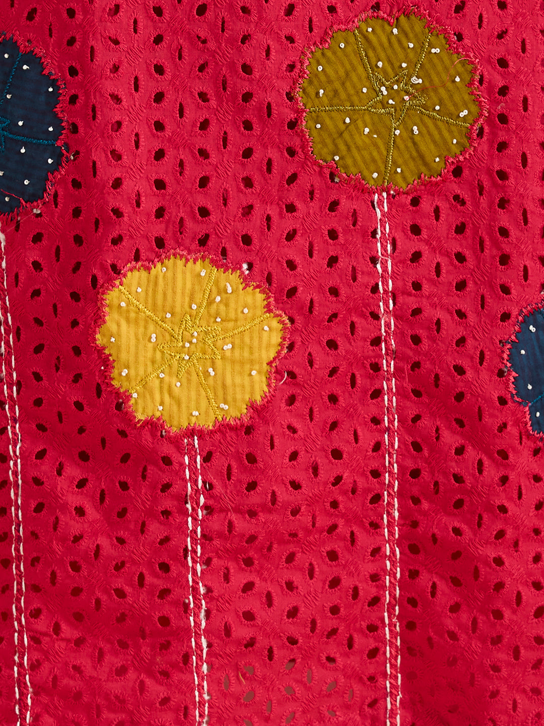Solid Schiffli Floral Embroidered Straight Kurta with Pant & Dupatta - Rani