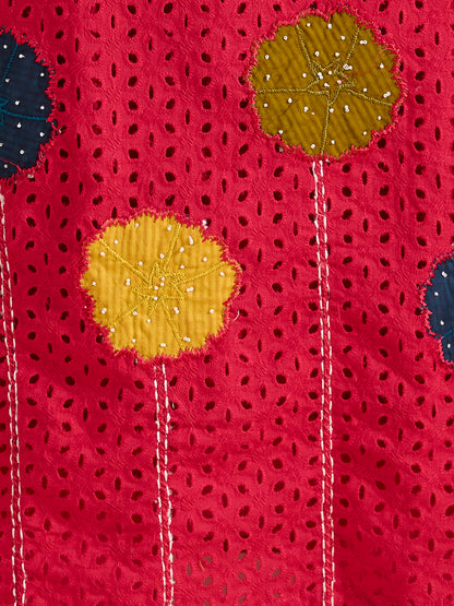 Solid Schiffli Floral Embroidered Straight Kurta with Pant & Dupatta - Rani