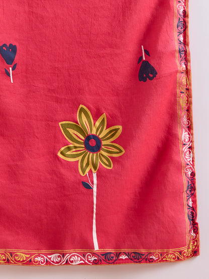 Solid Schiffli Floral Embroidered Straight Kurta with Pant & Dupatta - Rani