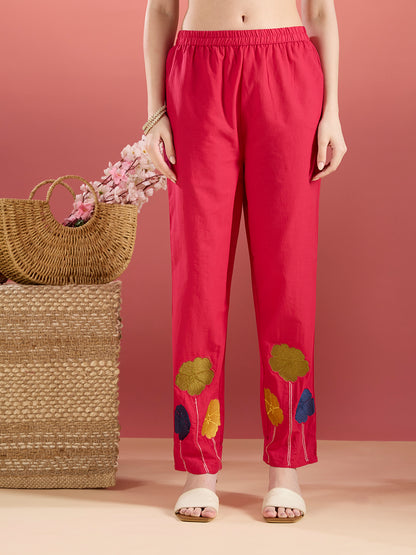 Solid Schiffli Floral Embroidered Straight Kurta with Pant & Dupatta - Rani