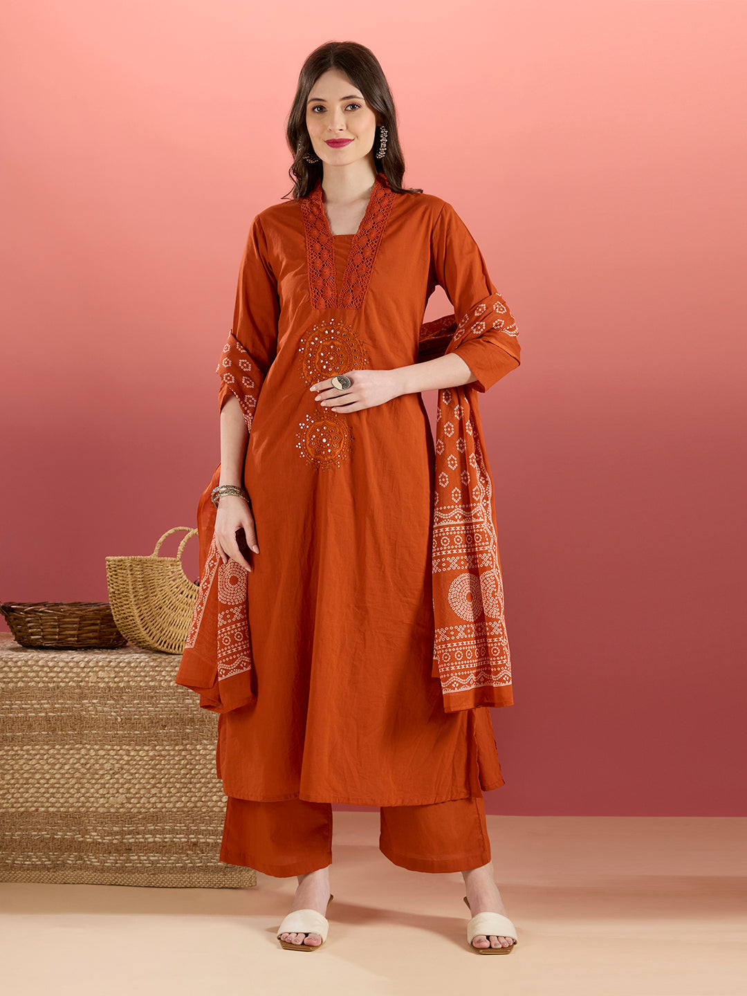 Solid Mirror Embroidered A-Line Kurta with Palazzo & Dupatta - Rust
