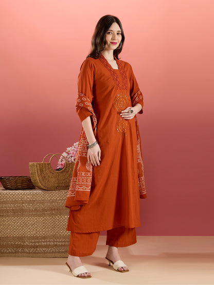 Solid Mirror Embroidered A-Line Kurta with Palazzo & Dupatta - Rust
