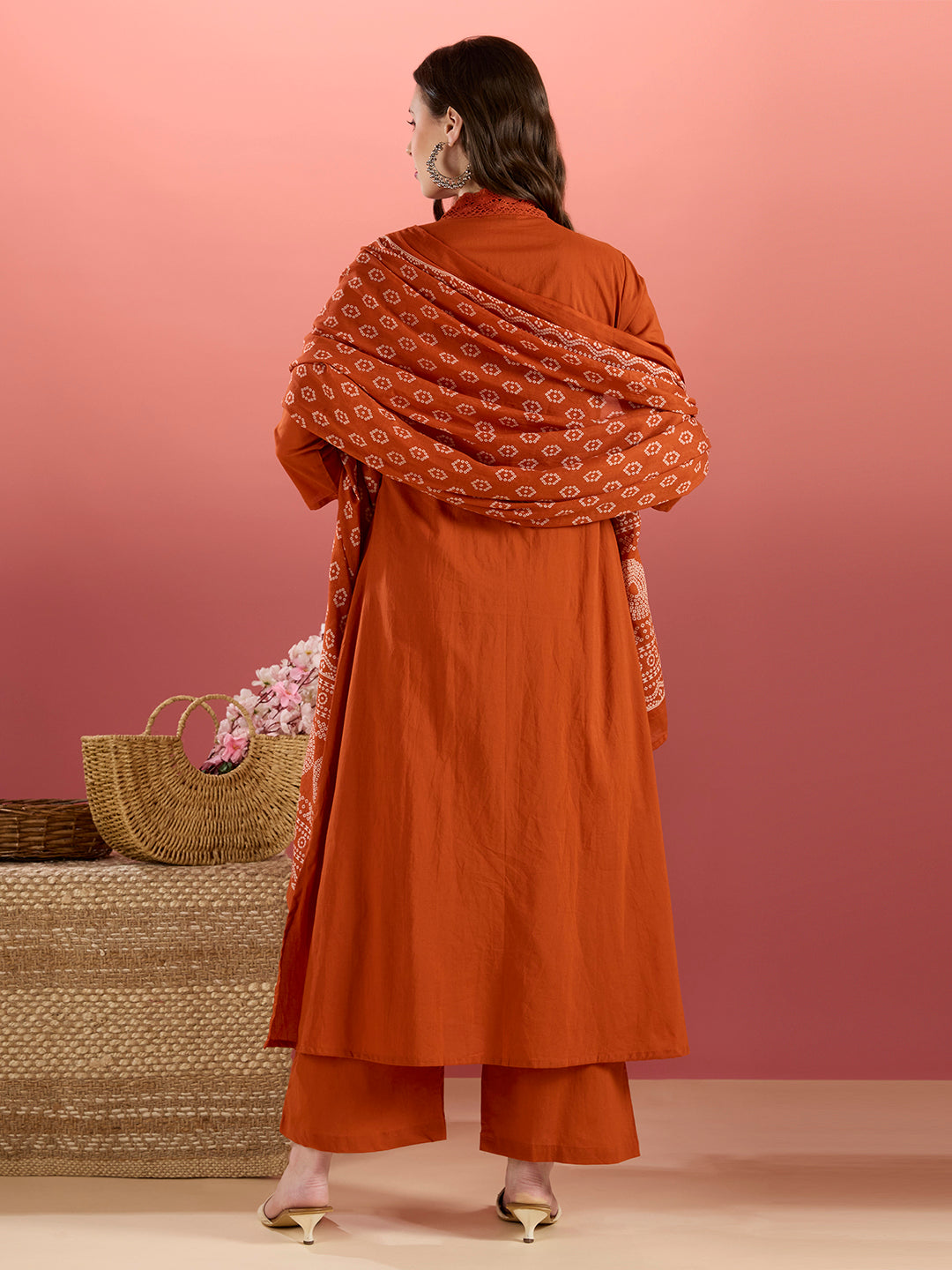 Solid Mirror Embroidered A-Line Kurta with Palazzo & Dupatta - Rust