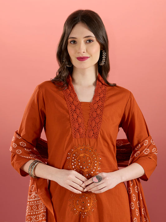 Solid Mirror Embroidered A-Line Kurta with Palazzo & Dupatta - Rust