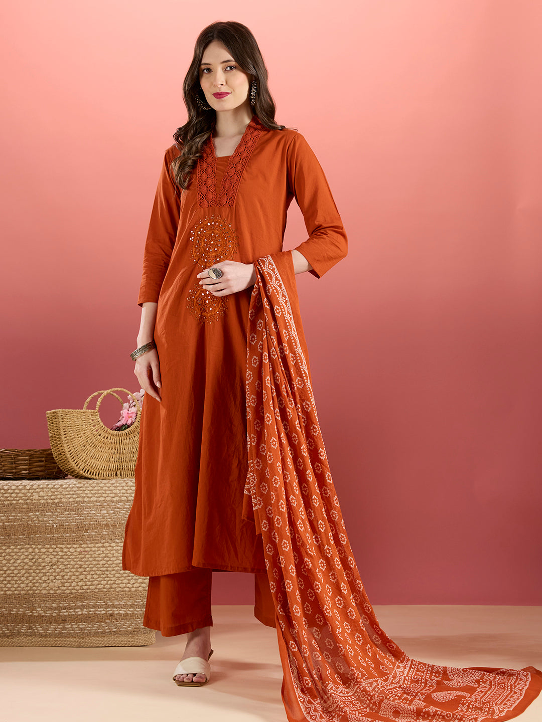 Solid Mirror Embroidered A-Line Kurta with Palazzo & Dupatta - Rust
