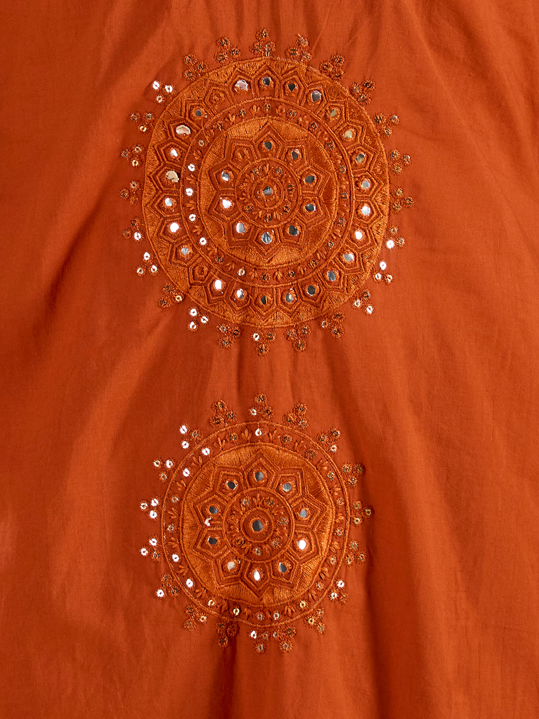 Solid Mirror Embroidered A-Line Kurta with Palazzo & Dupatta - Rust