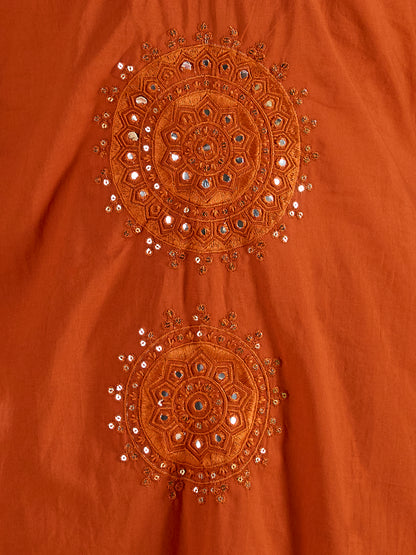 Solid Mirror Embroidered A-Line Kurta with Palazzo & Dupatta - Rust