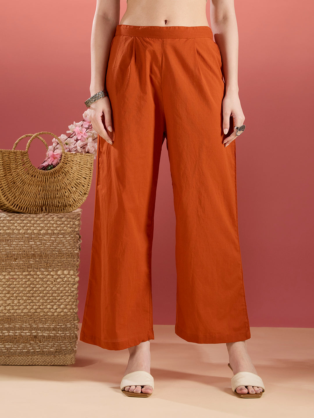 Solid Mirror Embroidered A-Line Kurta with Palazzo & Dupatta - Rust