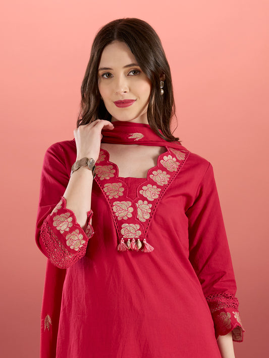 Solid Floral Embroidered Straight Kurta with Palazzo & Dupatta - Rani