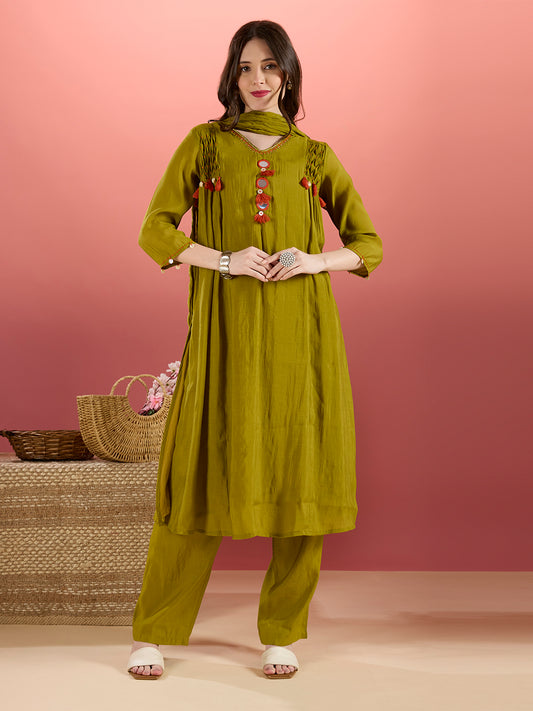 Solid Mirror Work A-Line Kurta with Palazzo with Winkled Dupatta - Green