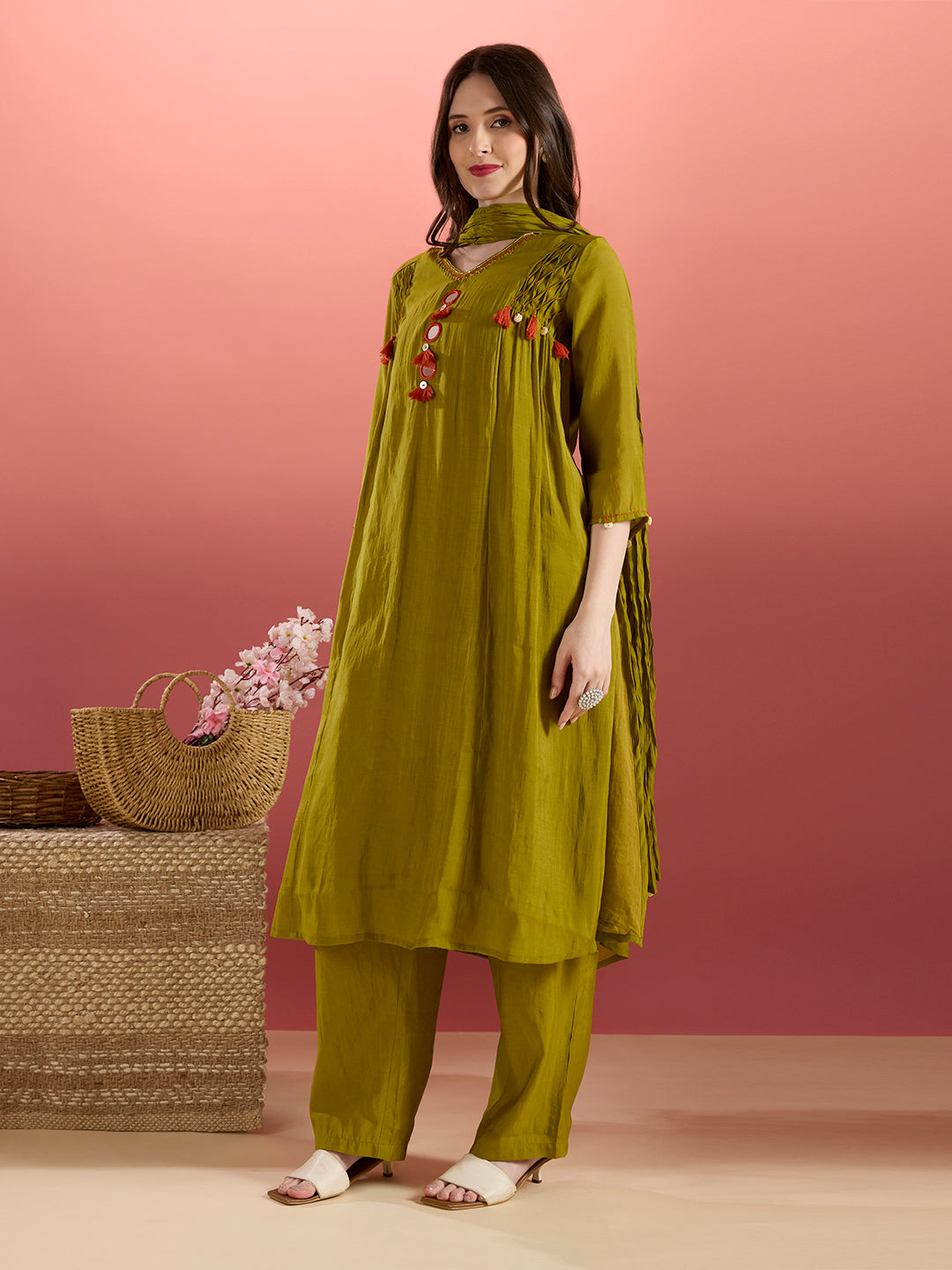 Solid Mirror Work A-Line Kurta with Palazzo with Winkled Dupatta - Green