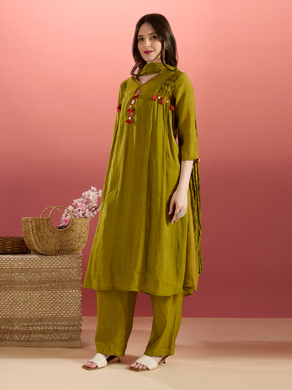 Solid Mirror Work A-Line Kurta with Palazzo with Winkled Dupatta - Green