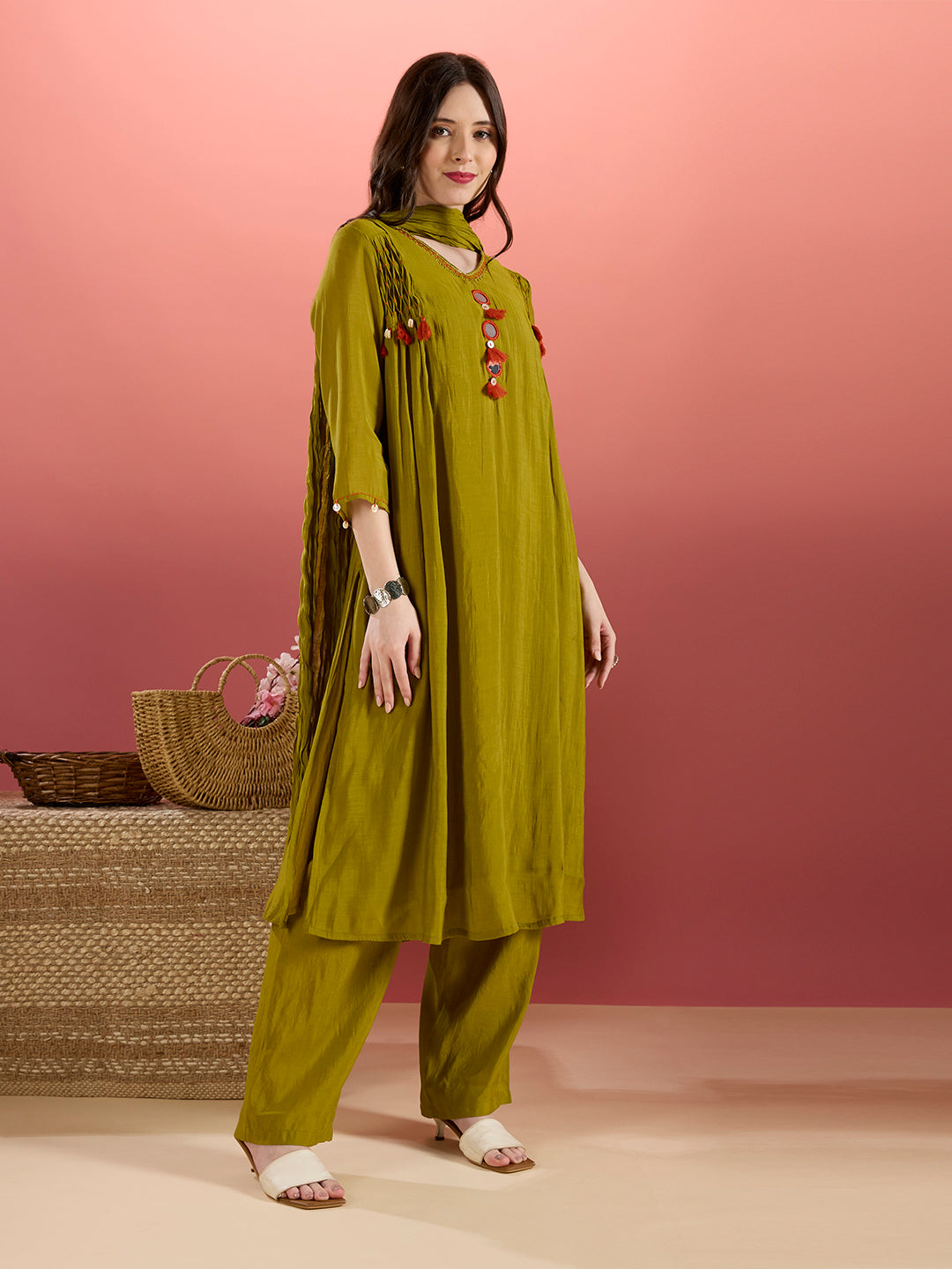 Solid Mirror Work A-Line Kurta with Palazzo with Winkled Dupatta - Green