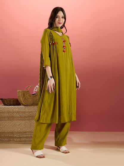 Solid Mirror Work A-Line Kurta with Palazzo with Winkled Dupatta - Green