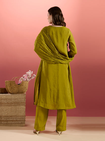 Solid Mirror Work A-Line Kurta with Palazzo with Winkled Dupatta - Green