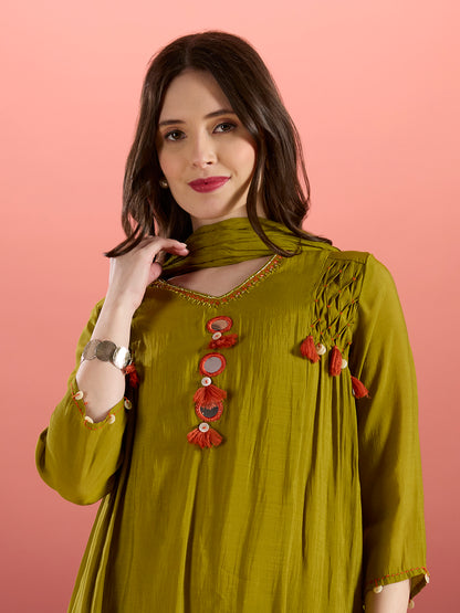 Solid Mirror Work A-Line Kurta with Palazzo with Winkled Dupatta - Green