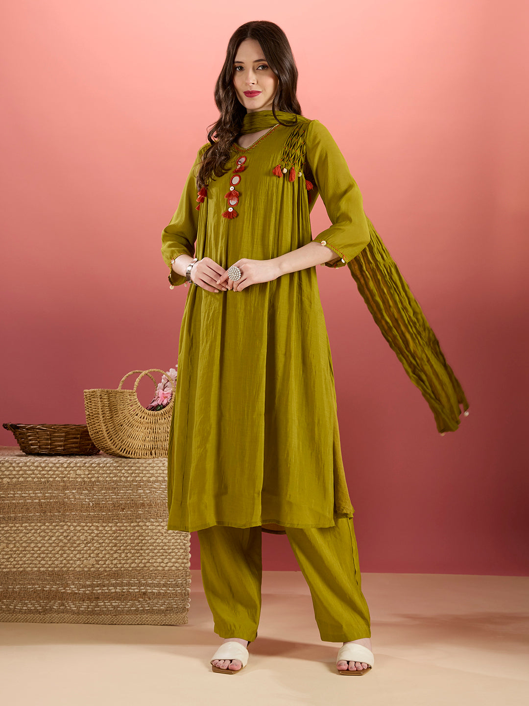 Solid Mirror Work A-Line Kurta with Palazzo with Winkled Dupatta - Green