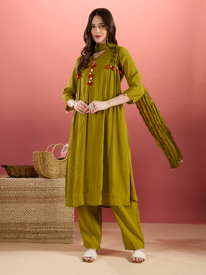 Solid Mirror Work A-Line Kurta with Palazzo with Winkled Dupatta - Green