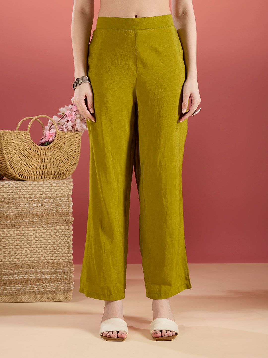 Solid Mirror Work A-Line Kurta with Palazzo with Winkled Dupatta - Green