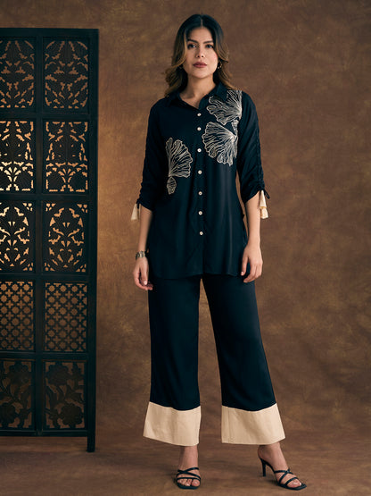 Solid Abstract Floral Embroidered Straight Fit Co-ord Set - Teal Blue