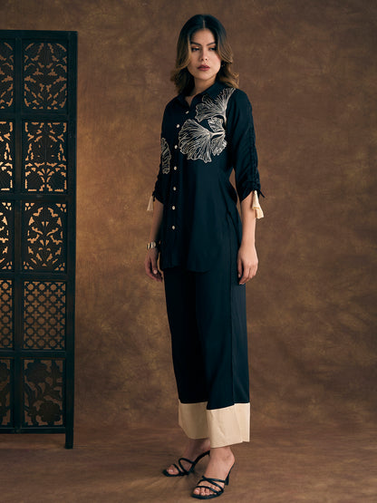 Solid Abstract Floral Embroidered Straight Fit Co-ord Set - Teal Blue