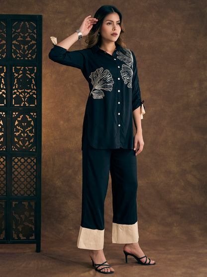 Solid Abstract Floral Embroidered Straight Fit Co-ord Set - Teal Blue