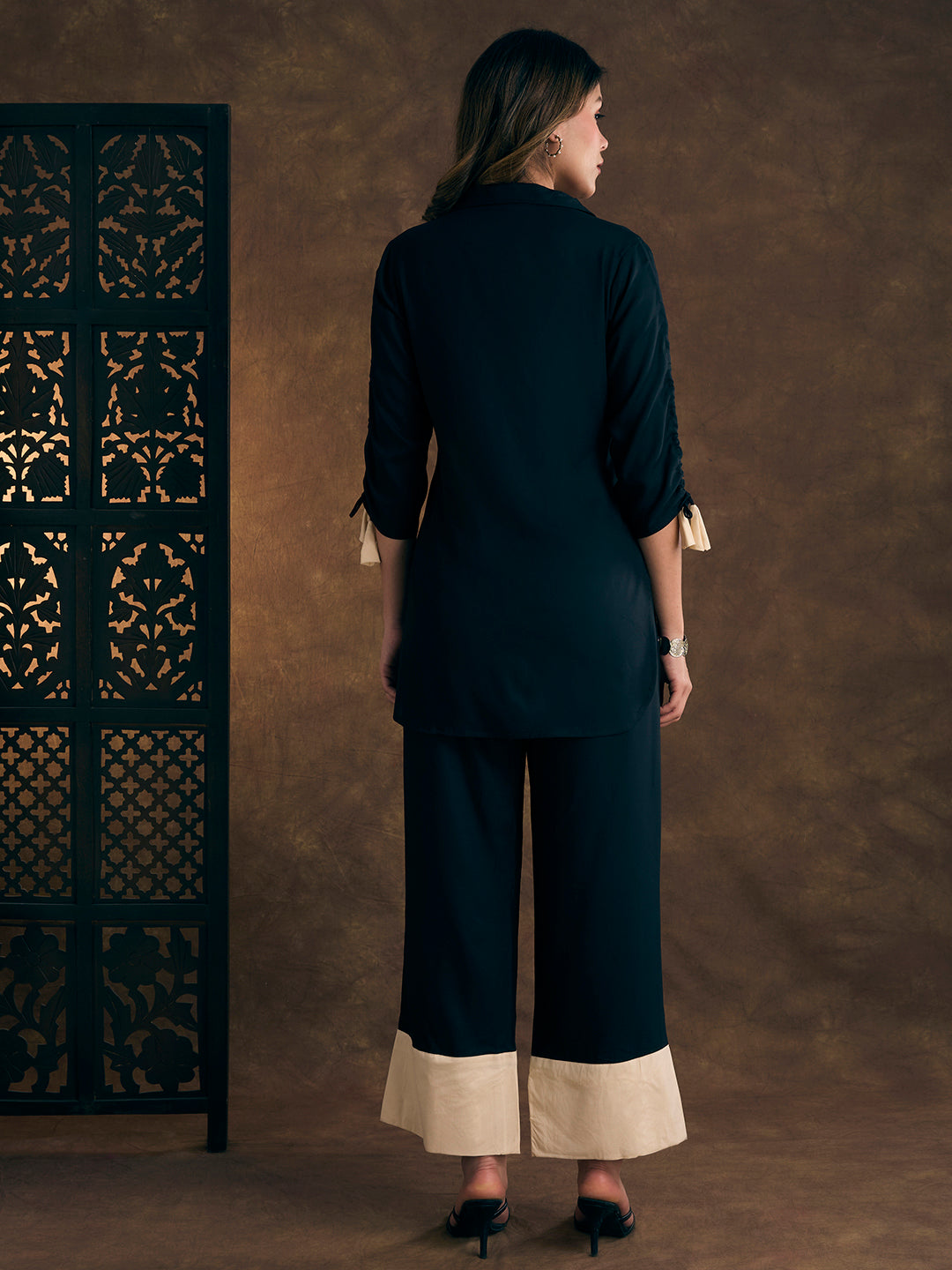 Solid Abstract Floral Embroidered Straight Fit Co-ord Set - Teal Blue