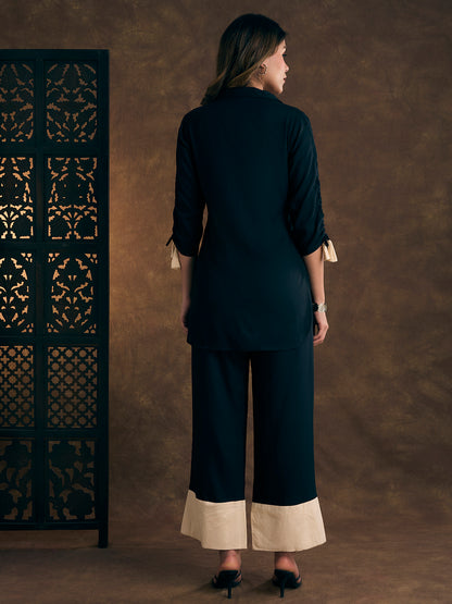 Solid Abstract Floral Embroidered Straight Fit Co-ord Set - Teal Blue