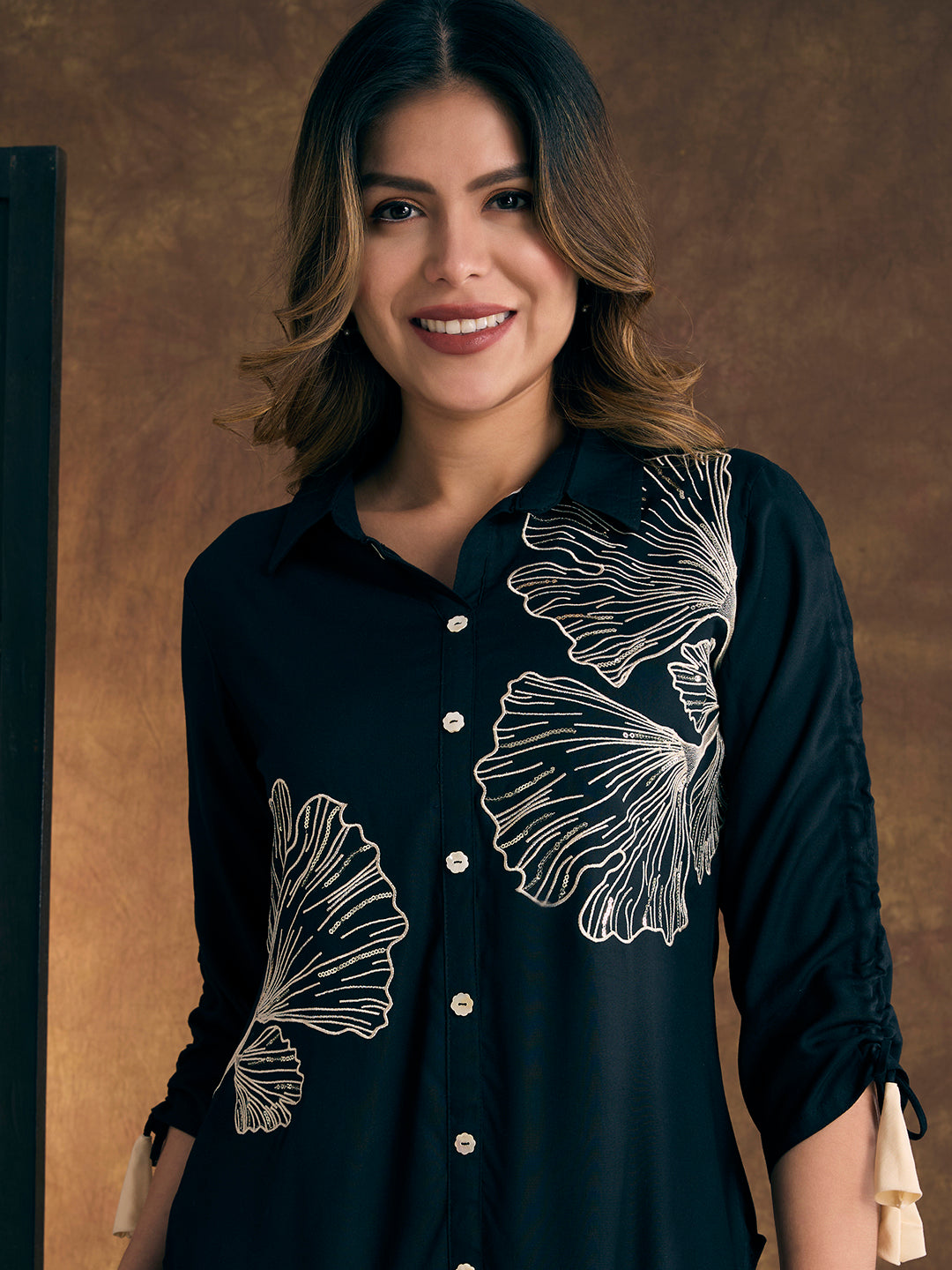 Solid Abstract Floral Embroidered Straight Fit Co-ord Set - Teal Blue