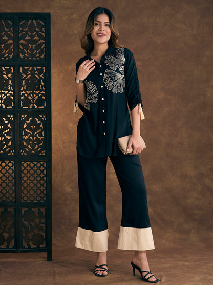 Solid Abstract Floral Embroidered Straight Fit Co-ord Set - Teal Blue