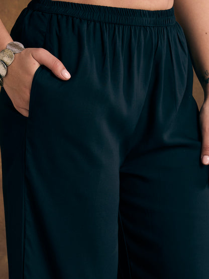 Solid Abstract Floral Embroidered Straight Fit Co-ord Set - Teal Blue