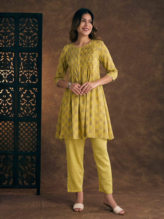 Ethnic Floral Printed Embroidered A-Line Pleated Kurta with Pant - Yellow