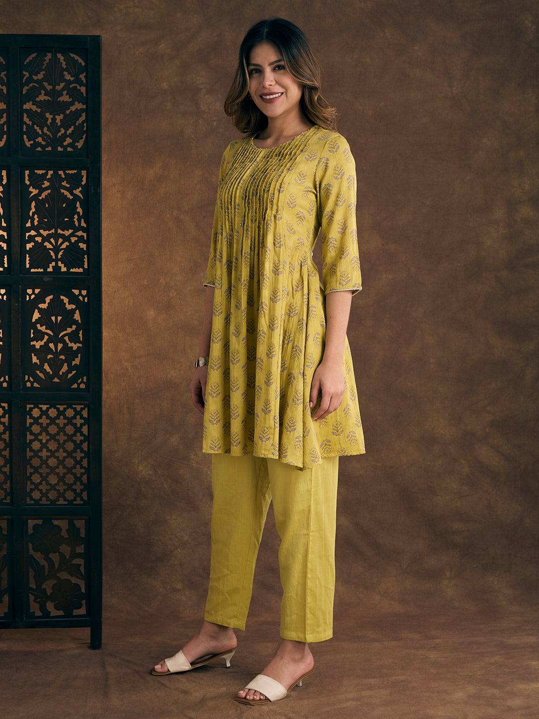 Ethnic Floral Printed Embroidered A-Line Pleated Kurta with Pant - Yellow
