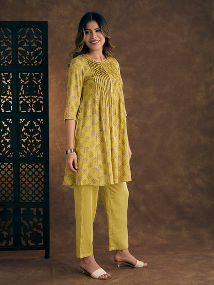 Ethnic Floral Printed Embroidered A-Line Pleated Kurta with Pant - Yellow