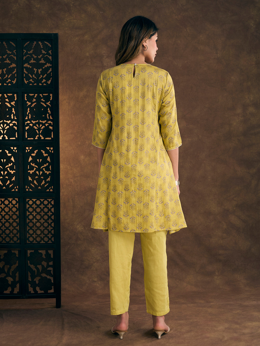 Ethnic Floral Printed Embroidered A-Line Pleated Kurta with Pant - Yellow
