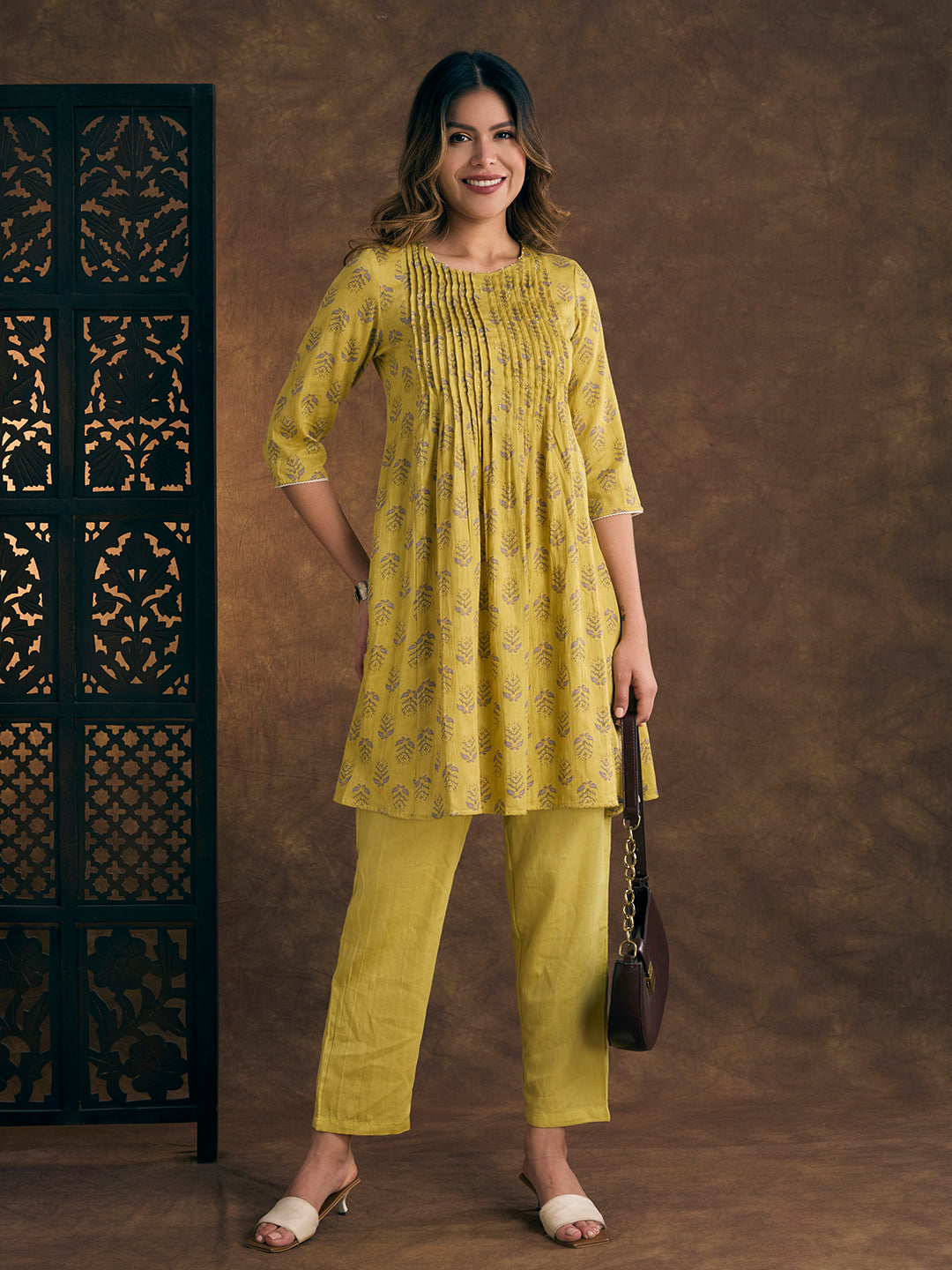 Ethnic Floral Printed Embroidered A-Line Pleated Kurta with Pant - Yellow