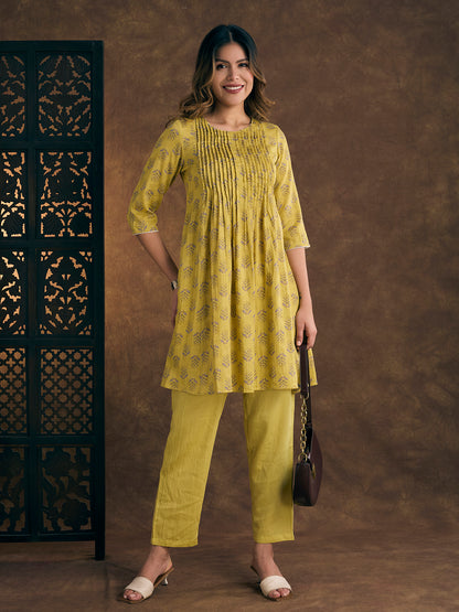 Ethnic Floral Printed Embroidered A-Line Pleated Kurta with Pant - Yellow