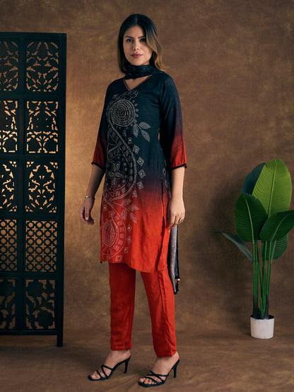 Bandhani Printed Hand Embroidered Straight Kurta with Pant and Dupatta - Black