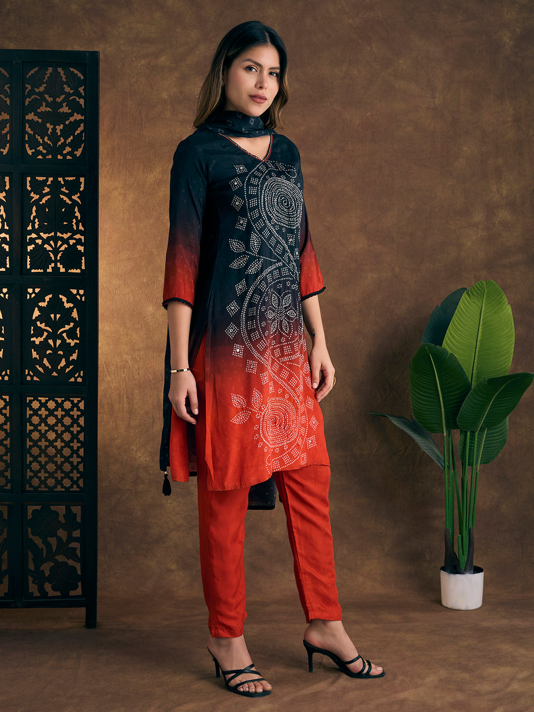 Bandhani Printed Hand Embroidered Straight Kurta with Pant and Dupatta - Black