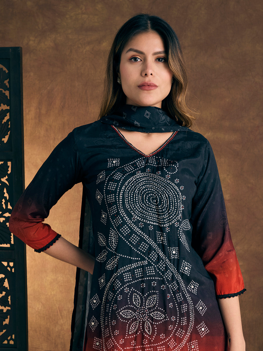 Bandhani Printed Hand Embroidered Straight Kurta with Pant and Dupatta - Black