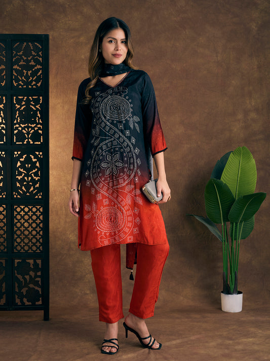 Bandhani Printed Hand Embroidered Straight Kurta with Pant and Dupatta - Black