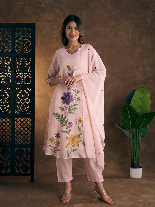 Solid Floral Threadwork A-Line Kurta with Pant & Dupatta - Pink
