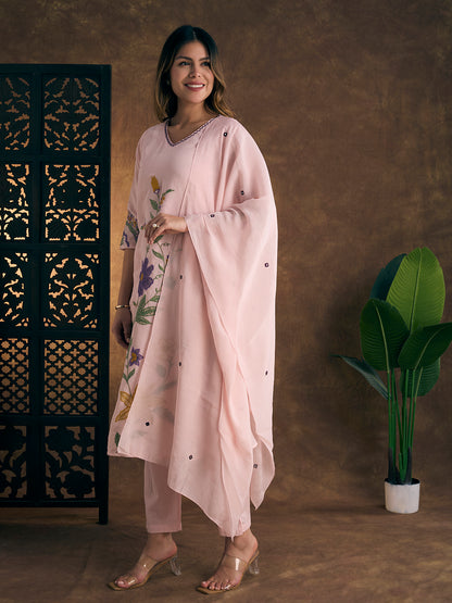 Solid Floral Threadwork A-Line Kurta with Pant & Dupatta - Pink