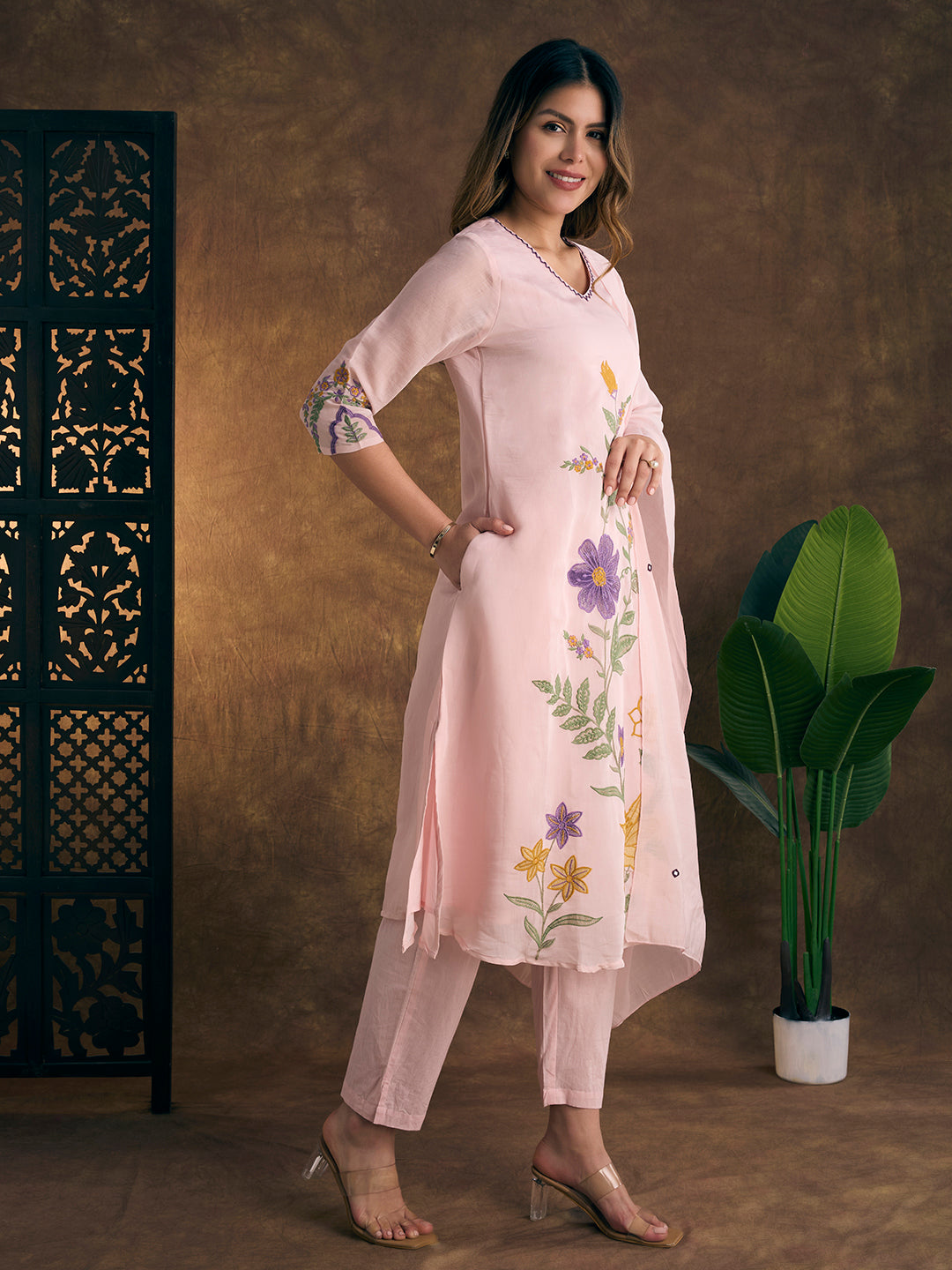 Solid Floral Threadwork A-Line Kurta with Pant & Dupatta - Pink