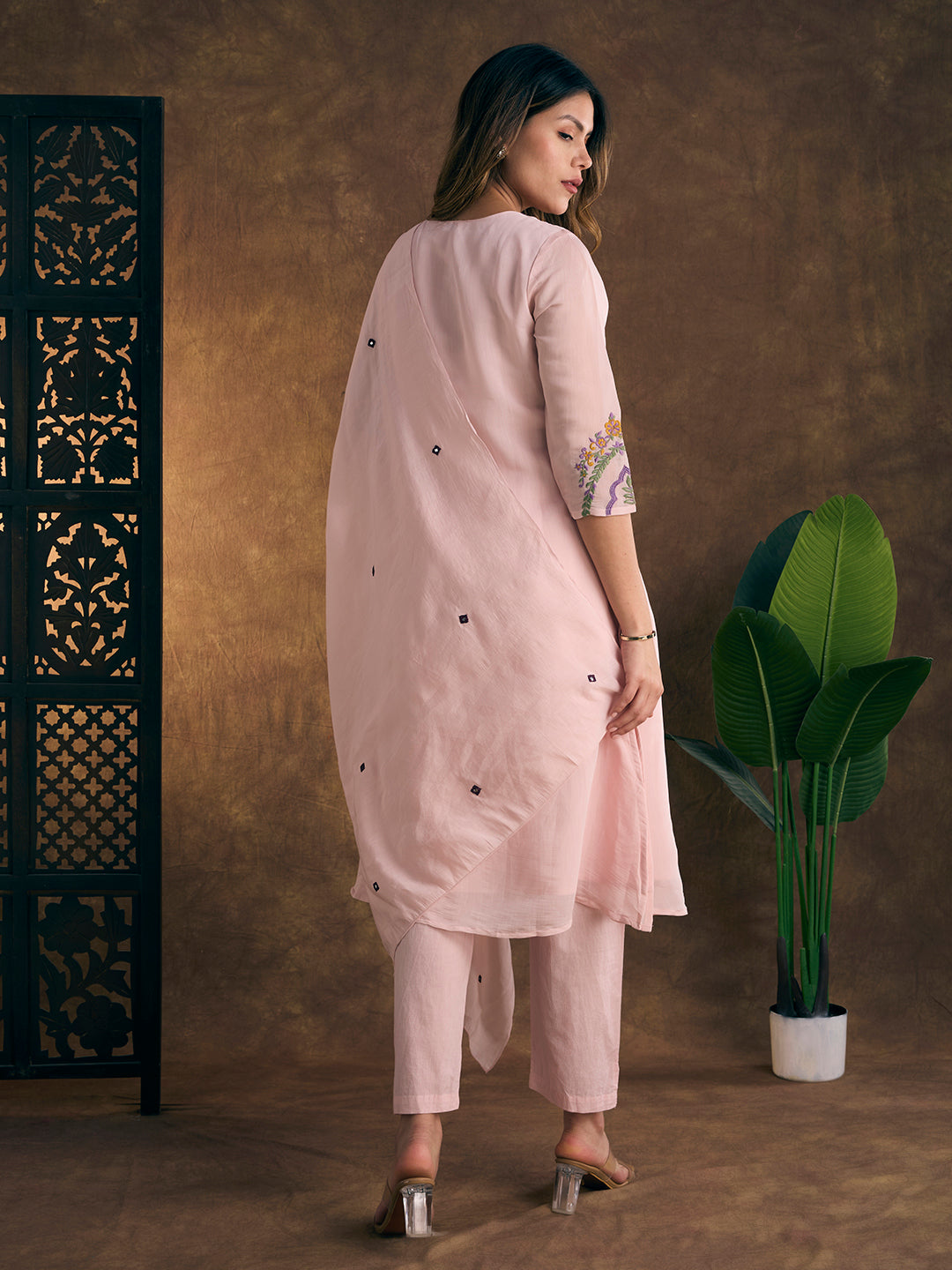 Solid Floral Threadwork A-Line Kurta with Pant & Dupatta - Pink