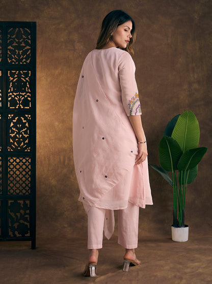Solid Floral Threadwork A-Line Kurta with Pant & Dupatta - Pink