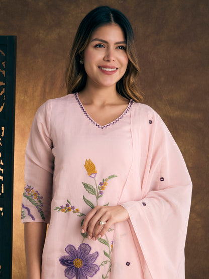 Solid Floral Threadwork A-Line Kurta with Pant & Dupatta - Pink