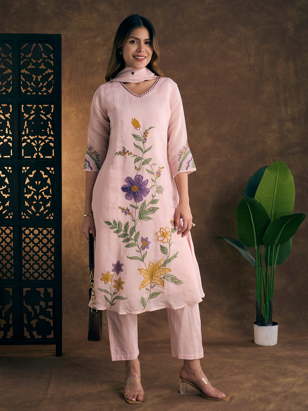 Solid Floral Threadwork A-Line Kurta with Pant & Dupatta - Pink